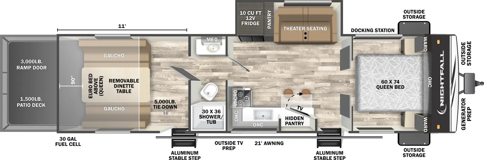 The Nightfall 29NF floorplan is a toy hauler that has two entries and one slide out. Exterior features include: fiberglass exterior and 21' awning. Interiors features include: front bedroom and pass through bathroom.